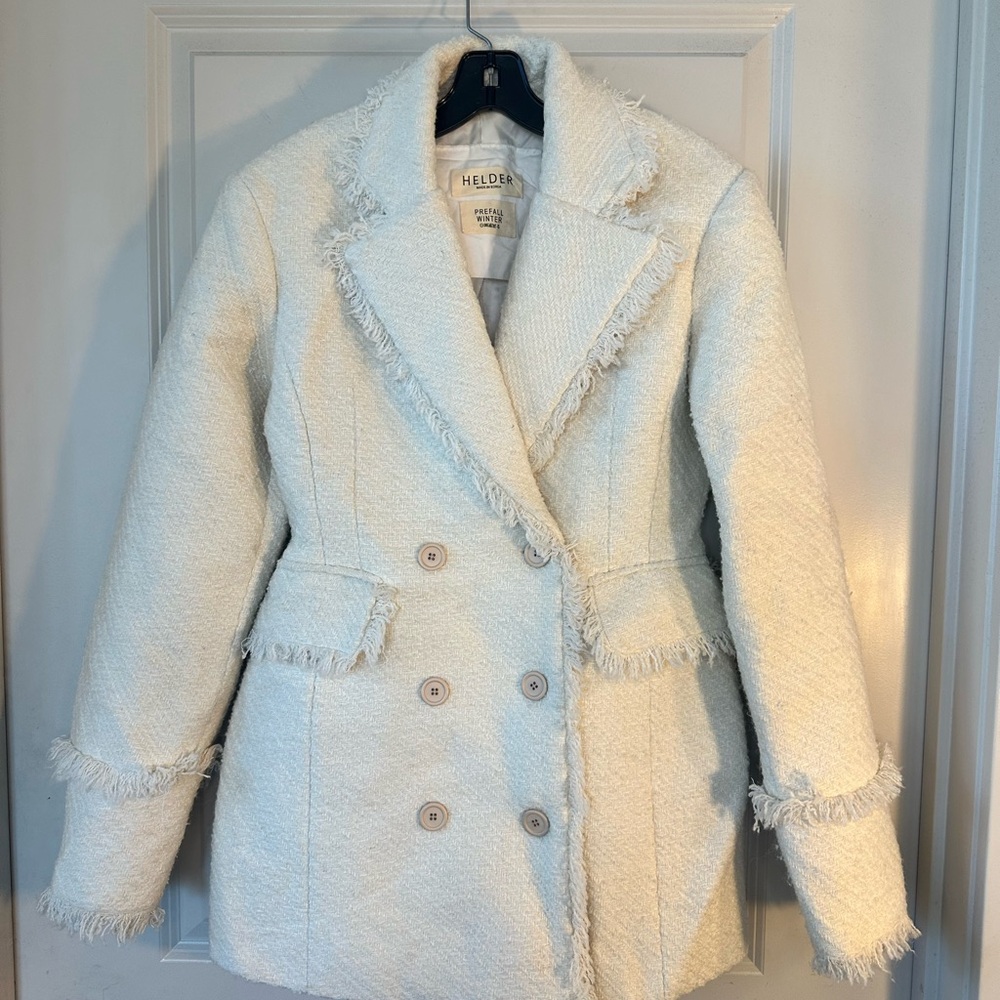 HELDER Cream Tweed DoubleBreasted Wool Heavy Knit Structureured Hourglass Coat,S